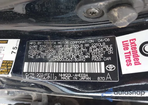 2006 Toyota Prius z USA, uszkodzony, nr VIN JTDKB20U063180492